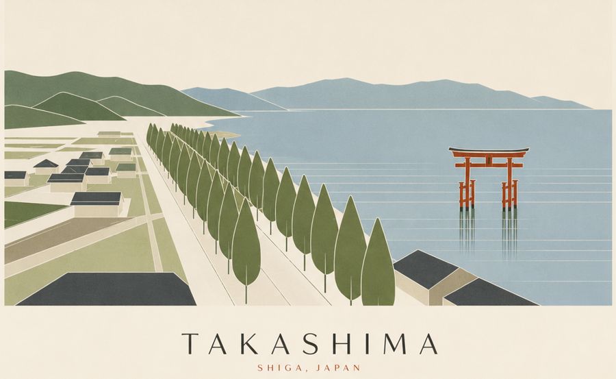 高島の風景の絵（メタセコイア並木と湖の鳥居）